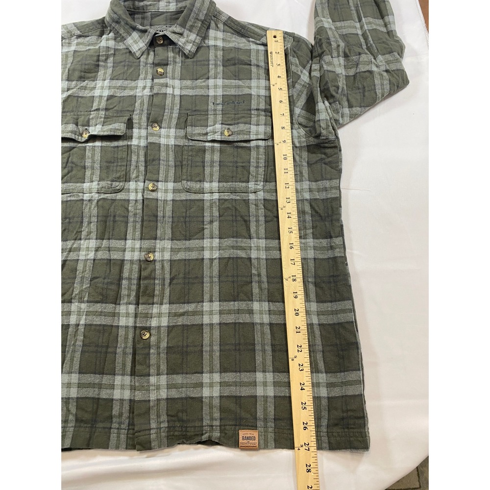 Banded Mens XL Plaid Flannel Button Down Shirt Olive Green Grey Long Sleeve - Picture 7 of 11